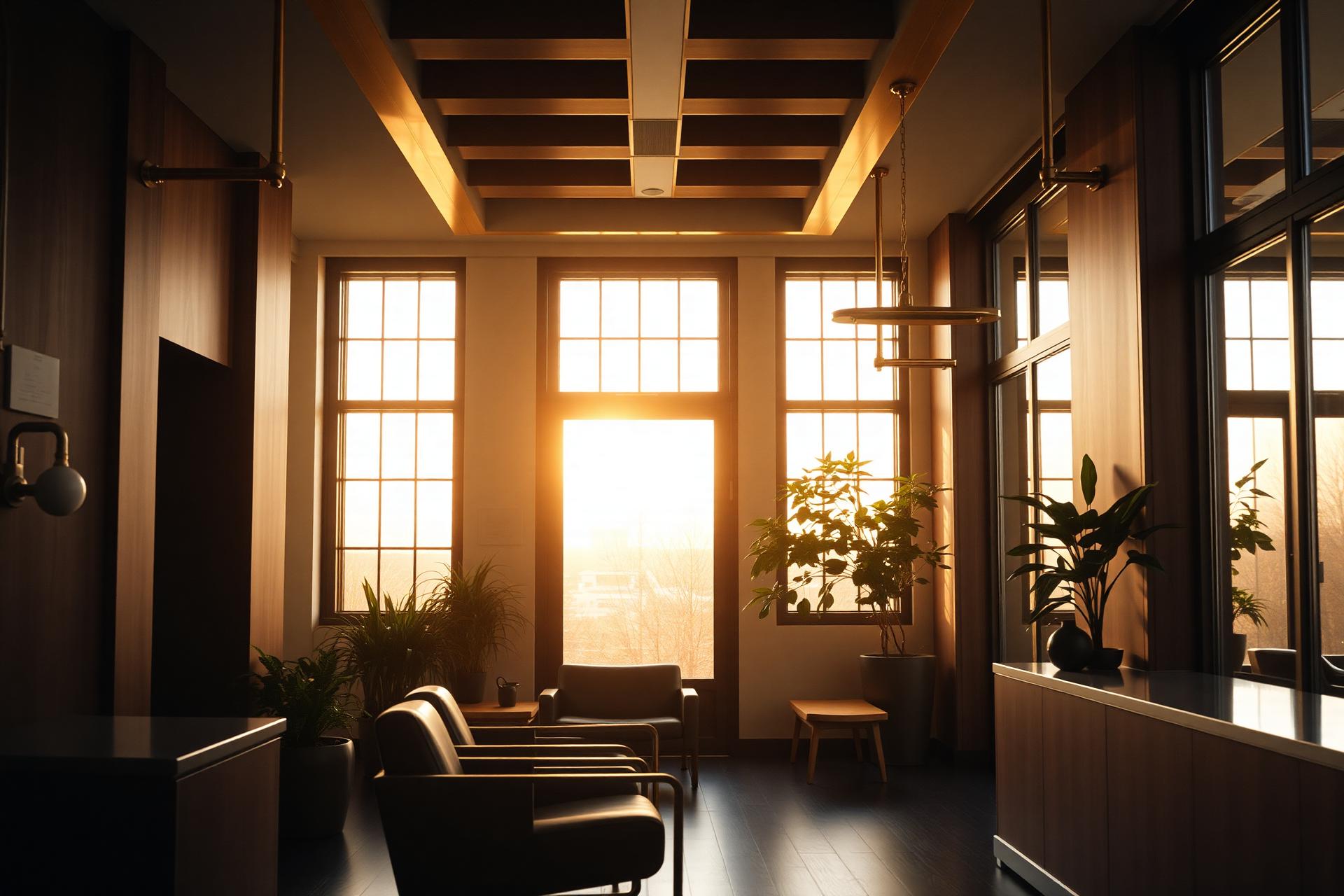 Sunlit interior of a preventive medicine clinic at golden hour